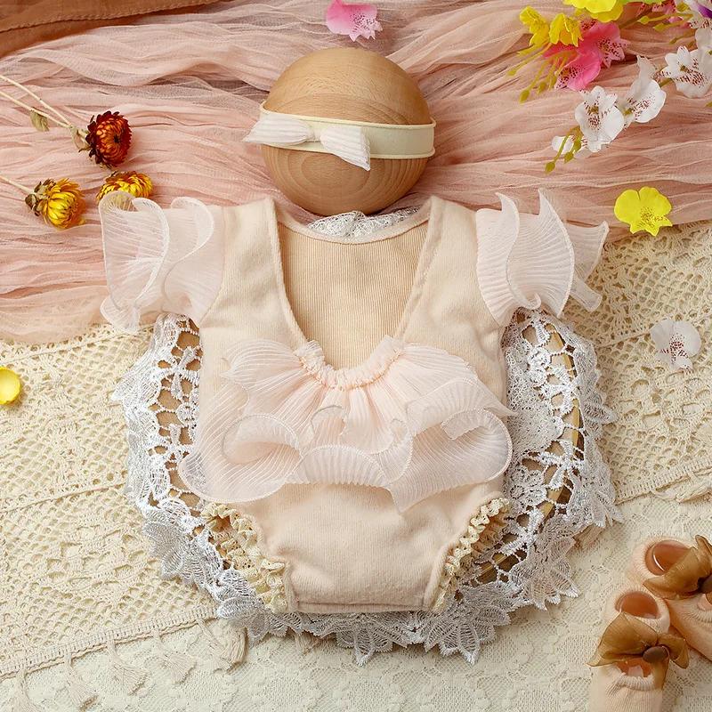

Newborn Day Photography Clothing Baby Bow Dress Photography Clothing Set Baby Handmade Knitwear Growth Souvenir бежевый