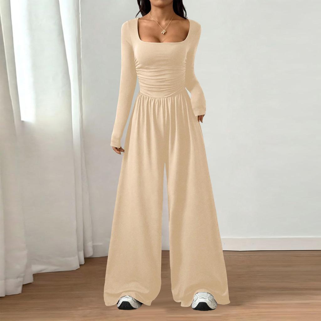 Women's Fashion Casual Long Sleeve Square Neck Wide Leg Jumpsuit Slim Fit Color