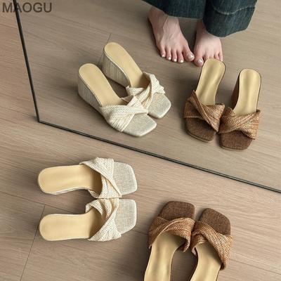 Wedges Heel Women's Fashion Slippers Square Toe Slip On Platform Shoes Pantuflas Mujer Ladies Elegant Casual Slides Beige Brown