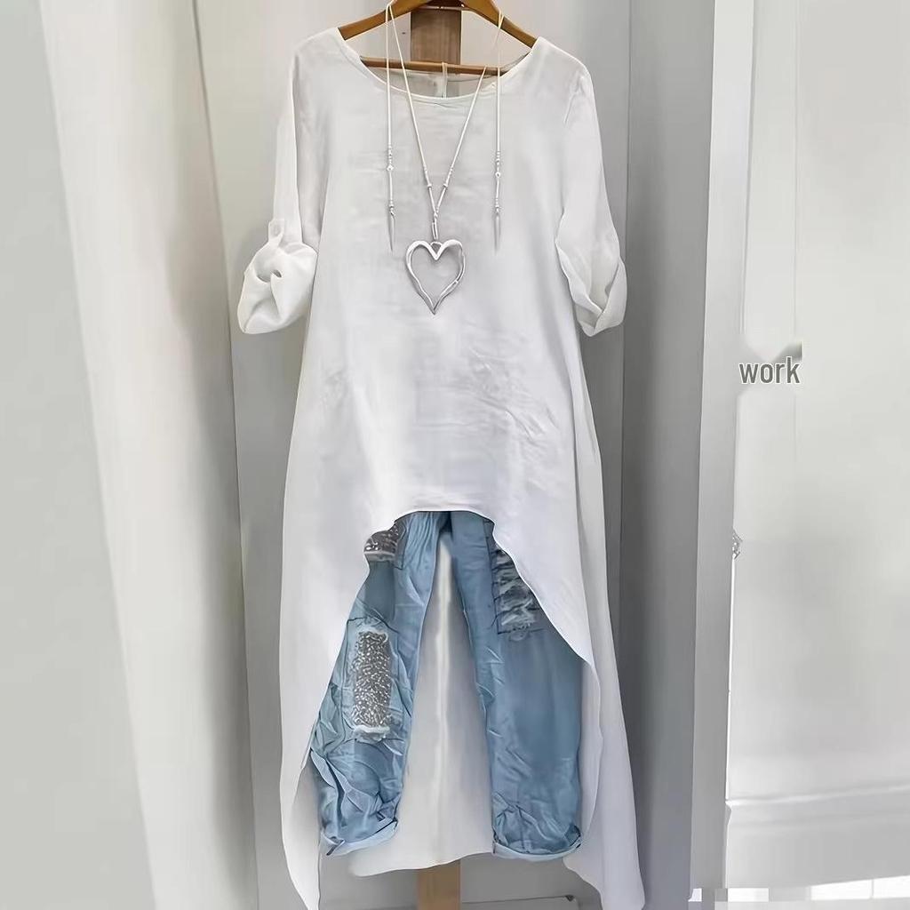 Women's Linen Irregular Long Top - Round Neck, Loose Fit, High-Low Hem, Versatile Fashion Shirt