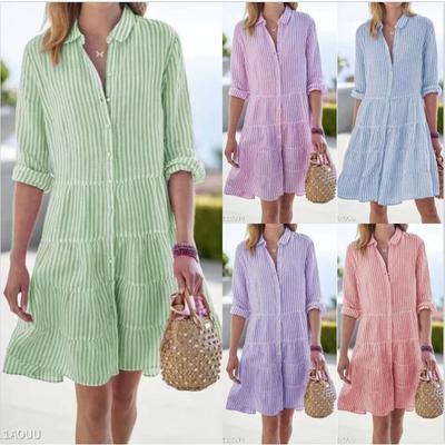 Summer Long-sleeved Women's Striped Lapel Dress, Elegant, Generous, Comfortable and Versatile
