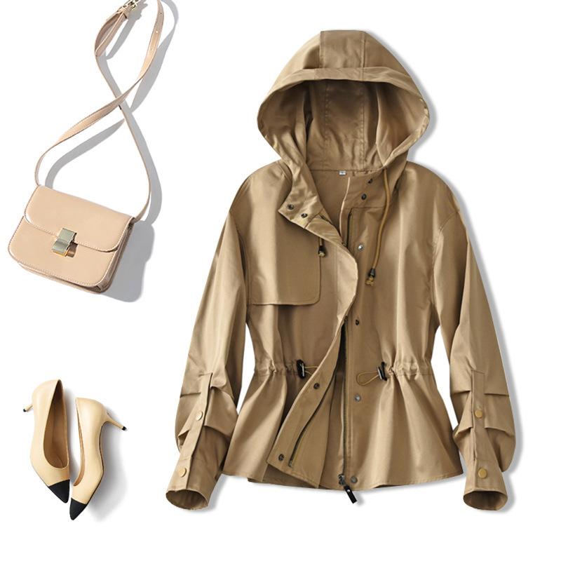 Design Hooded Trench Coat Women's, Spring and Autumn Women's, Short Small Khaki Spring and Autumn Coat Women's Clothing
