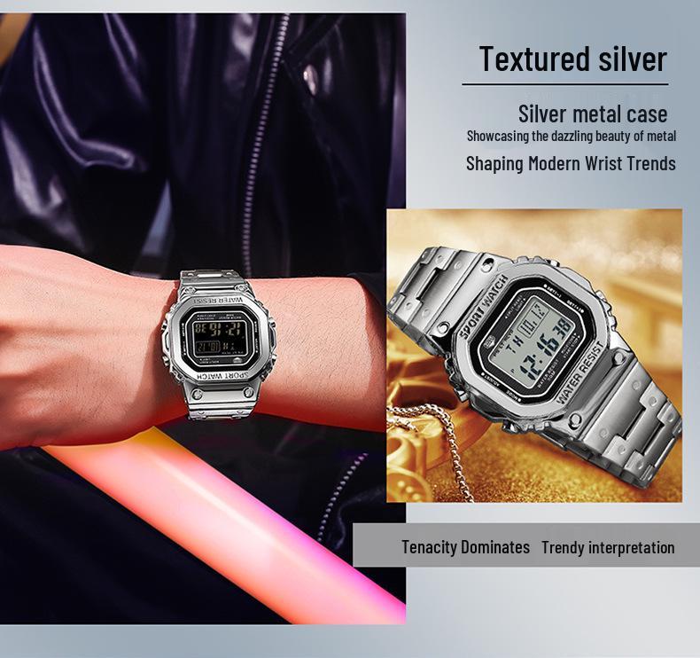 Sanda Men's Square Waterproof Electronic Watch with Fashionable Light and Alarm Clock.