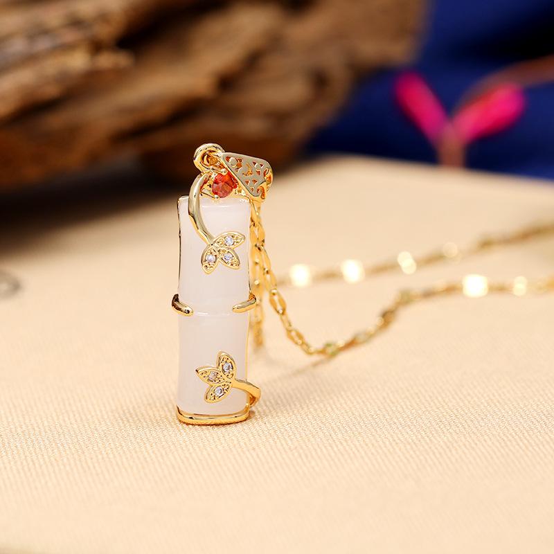 Chinese style imitation Hetian jade safety buckle necklace women's retro temperament titanium steel clavicle chain gold inlaid jade pendant with