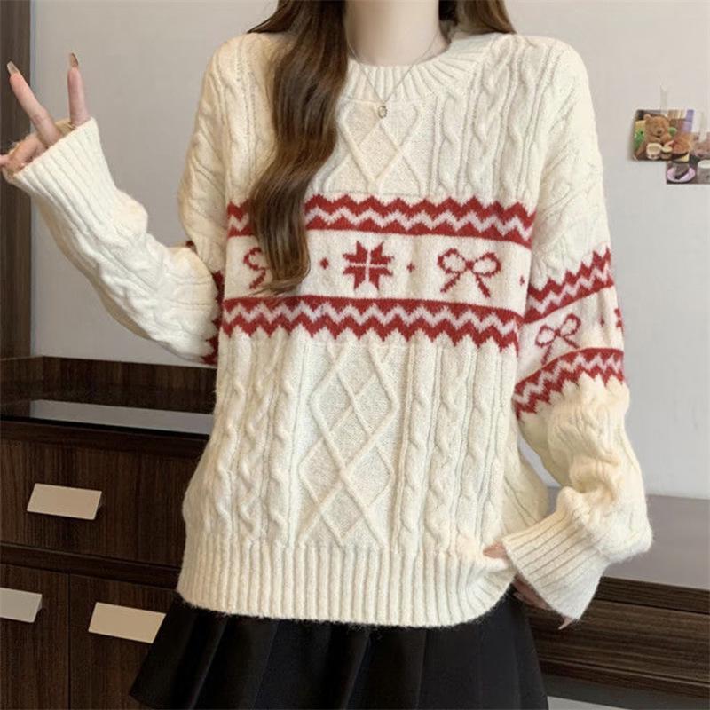 Women's Retro Fair Isle Pure Wool Christmas Sweater - Warm, Loose Fit Jacquard Knit with Round Neck