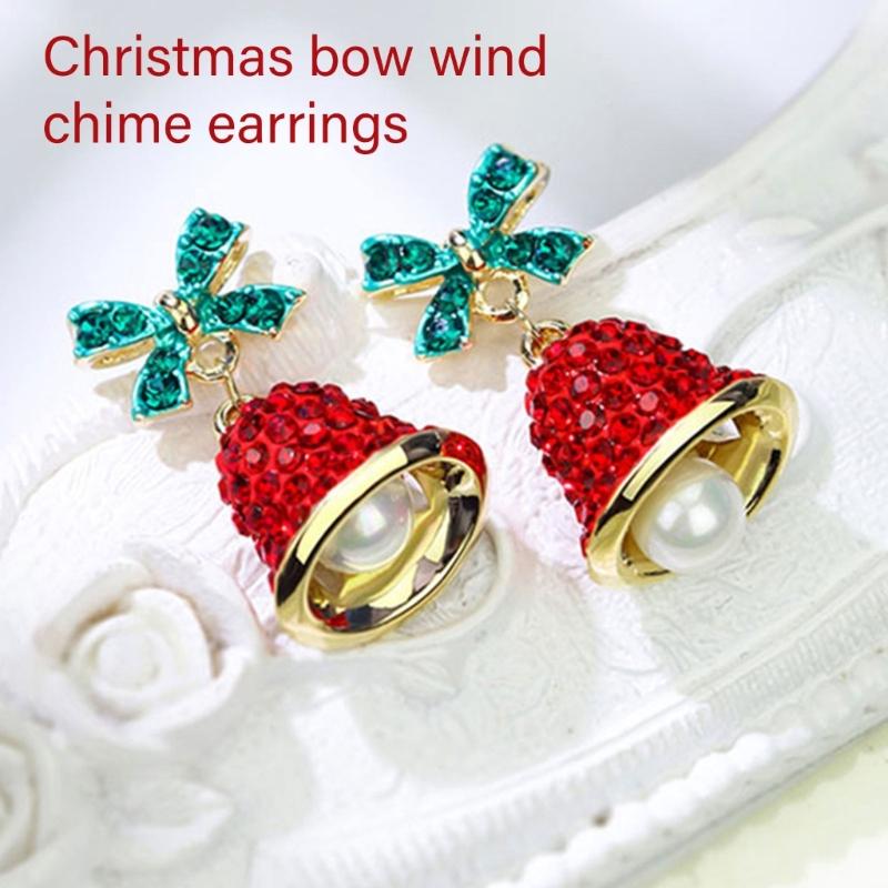 Sparkling Bowknot Bell Drop Earrings for Women and Girls Handmade Holiday Jewelry Stylish Christmas Party Accessories