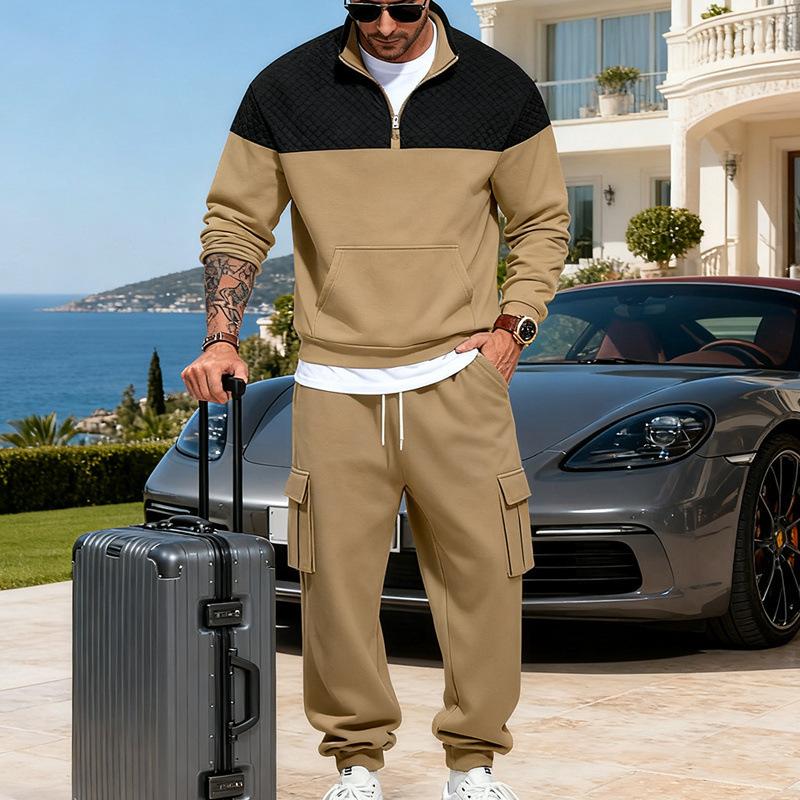 Nuovi Arrivi Invernali: Set da uomo casual minimalista per esterni, con felpa con cappuccio e pantaloni, colori a contrasto, oversize, stile workwear, colletto alto