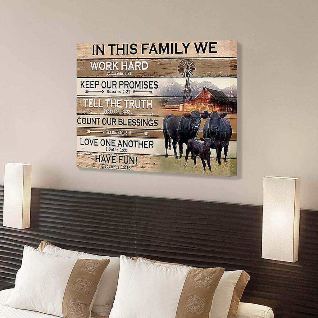 In This Family Black Angus Cattle Poster Cattle Wall Art Canvas Farmhouse Cow Wooden Rustic Inspirational Quotes Art Prints Vintage Themed