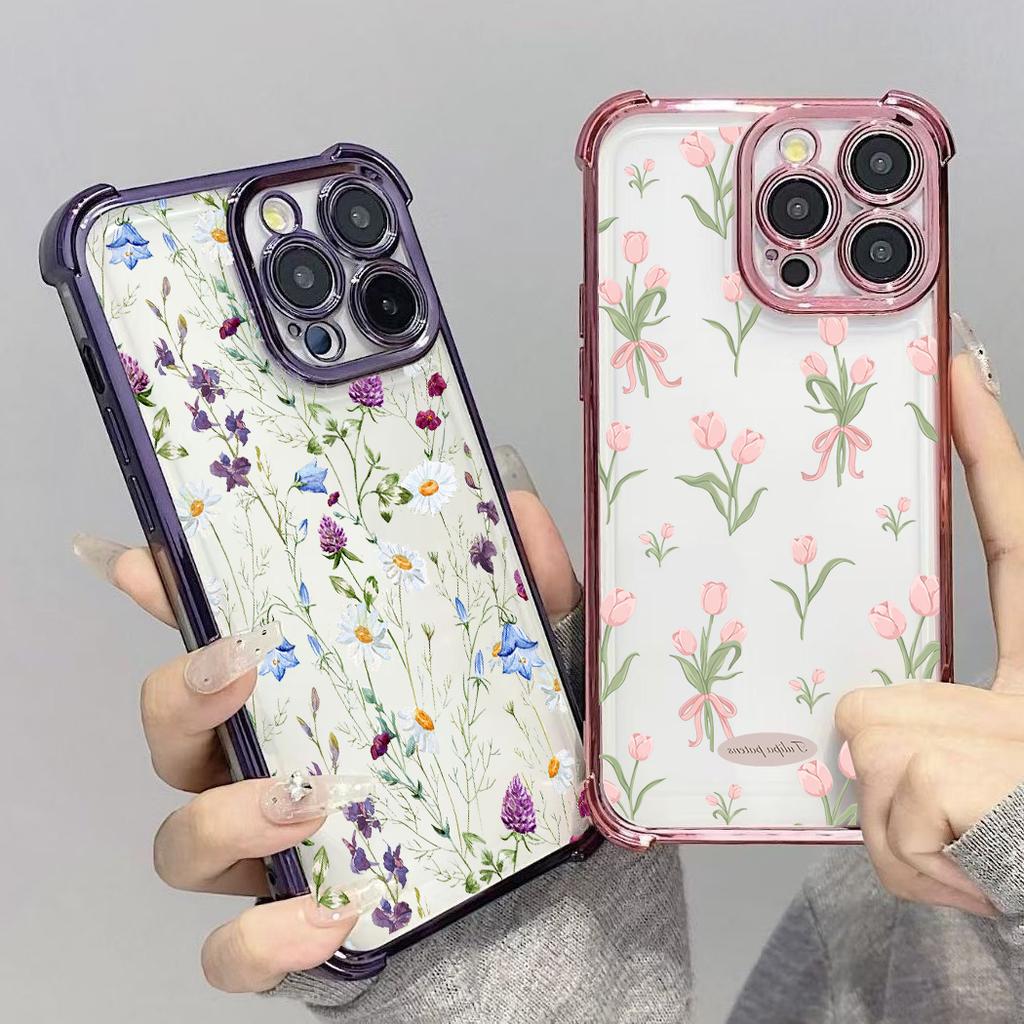 Retro Flower Shockproof Airbag Phone Case For Motorola Moto Edge 50 60 Fusion 5G G06 G60 G24 Soft Transparent Plating TPU Cover
