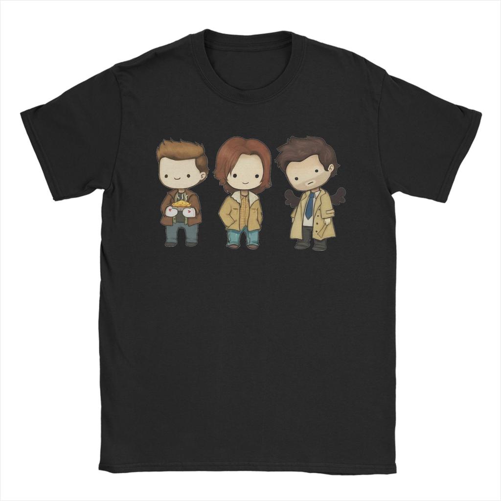 Humor Sam Dean Castiel Supernatural Chibi TShirt Men Round Neck Pure Cotton T Shirts TV Shows Short Sleeve Tees Gift Tops