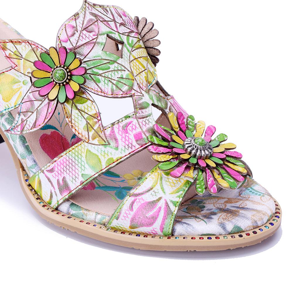 Johnature Retro Three-dimensional Flower Colored Fashion Slippers Genuine Leather Printed Coarse Heel Sandals