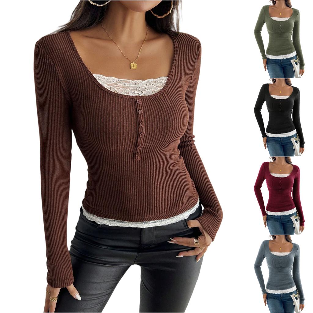 Women's Fashionable Round Neck Patchwork Lace Button Slim Fit Long Sleeved Pullover Top