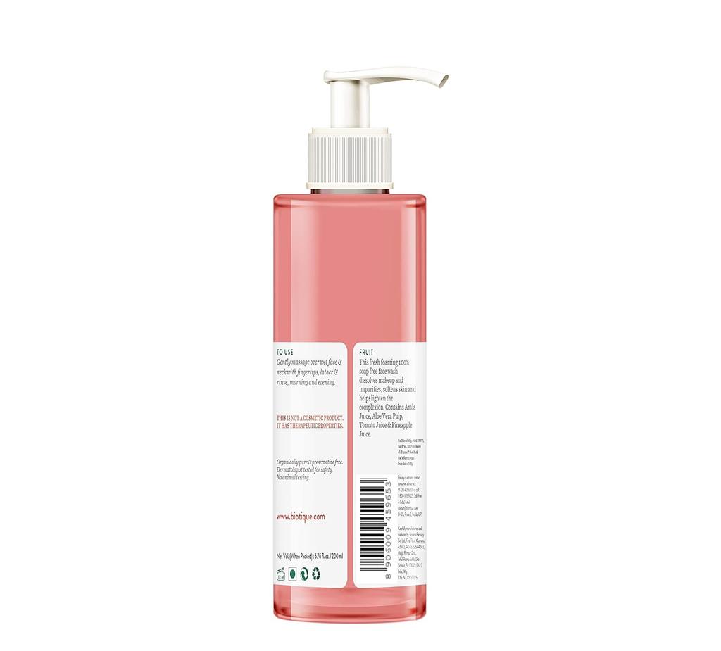 Biotique Fruit Brightening Face Wash 200ml | Natural Botanical Extracts | Pineapple & Lemon | Organic Ayurvedic Gel For Glowing Skin
