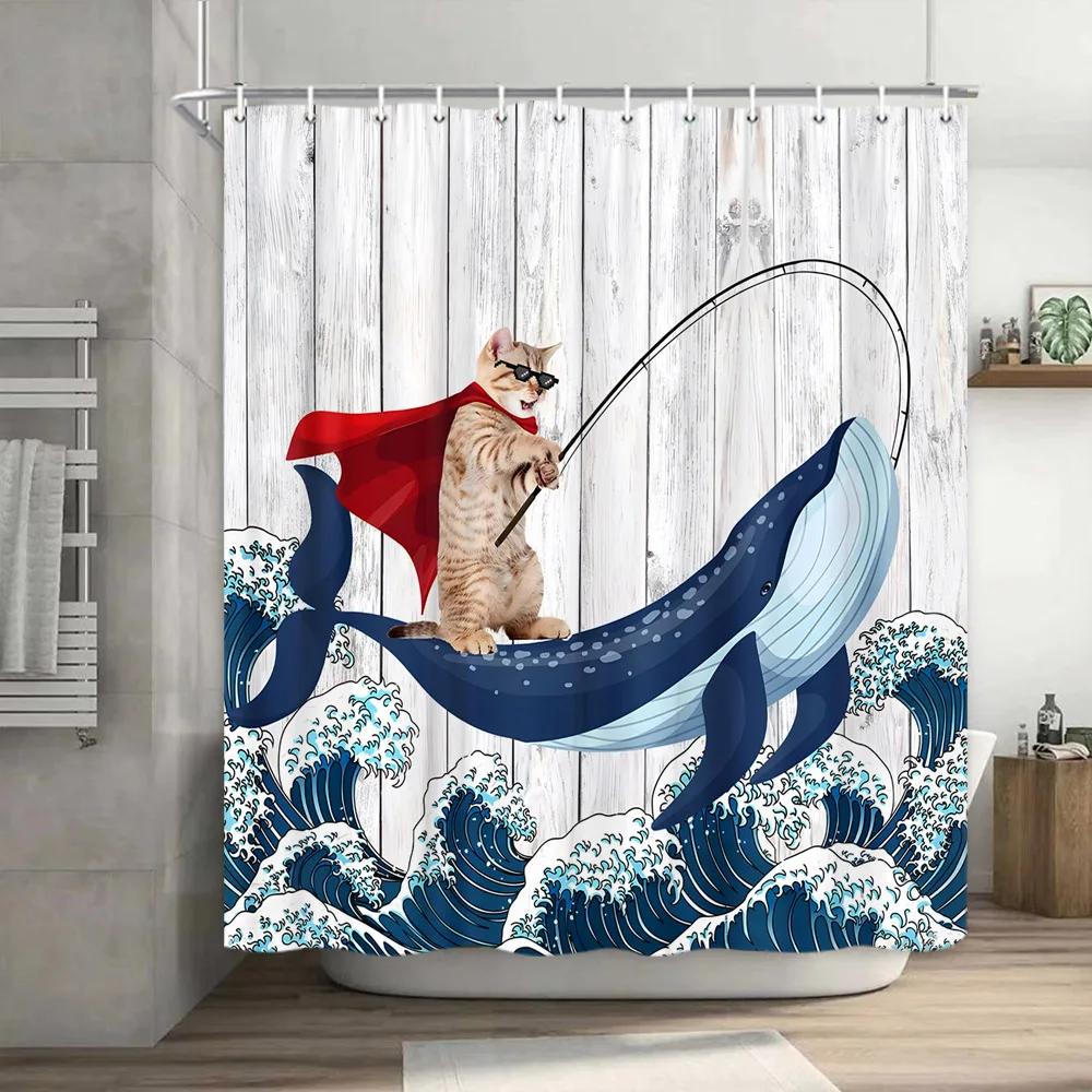 Zábavný kočičí sprchový závěs Zábavné zvíře ve vaně s rybami Látkový sprchový závěs Hilar set pro výzdobu koupelny s domácím mazlíčkem s háčky