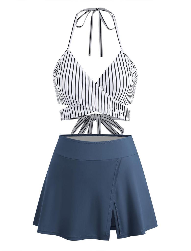 2025 European & American Sexy Backless Split Swimsuit Bikini with Solid Color Skirt Style for Women