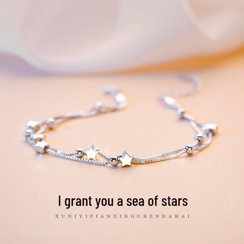 S925 Sterling Silver Double Star Layered Bracelet - Korean Style, Versatile Design, Perfect Gift for Girlfriend