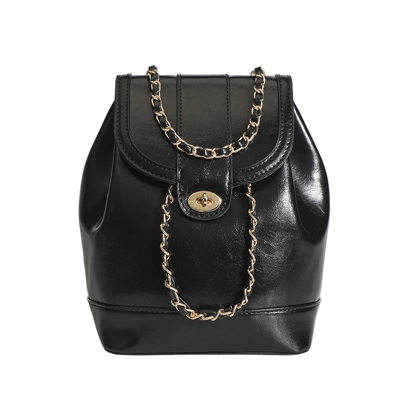 New Backpack Light Luxury Oil Wax Leather Backpack Chain Large Capacity Bucket Bag Student Schoolbag Travel Bag