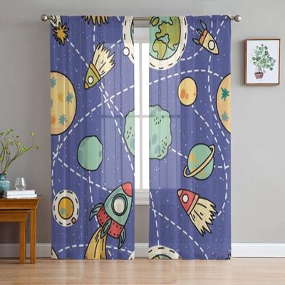 Motif Spatial Avec Fusées Spatiales Comète Et Planètes Voilages Transparents en Mousseline Rideau en Tulle pour Fenêtre de Salon Chambre à Coucher