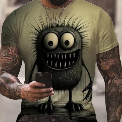T-shirt da uomo a maniche corte con stampa grafica di mostri, abbigliamento da uomo per l'estate, tessuto morbido leggermente elasticizzato in misto poliestere