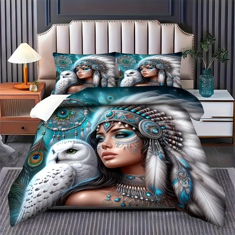 2/3pcs Comfortable 3D Printed Owl and Feather Theme Bedding Set, Digital Print Duvet Cover with Zipper Design, Machine Washable
