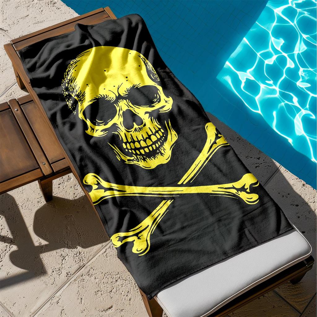 1pc Yellow Skull and Crossbones on Black Background 2D Printed Microfiber Beach Towel, quick dry super absorbent. Great for