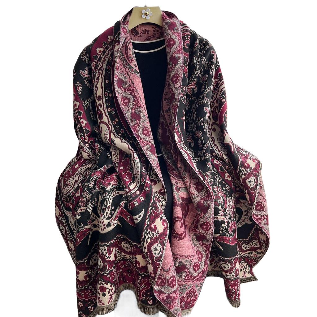 Tjock halsduk i imiterad kashmir för damer, vinter, dubbelsidig, kontrastfärg, jacquard, cashewmönster, retro etnisk stil sjal