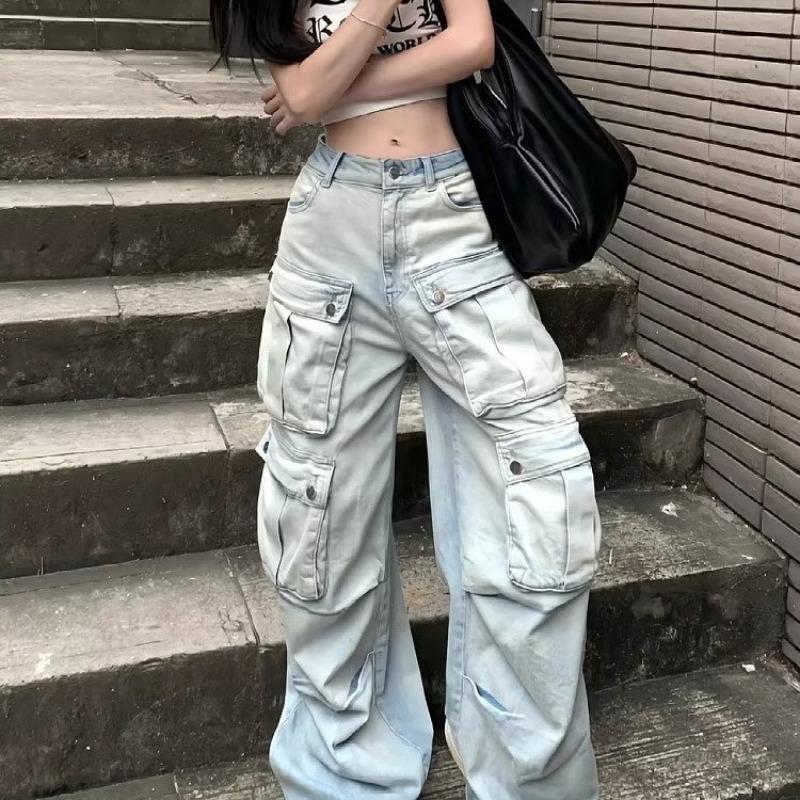 

Women s High-Waist American Retro White Overalls - Autumn Slim Loose Straight Jeans XL