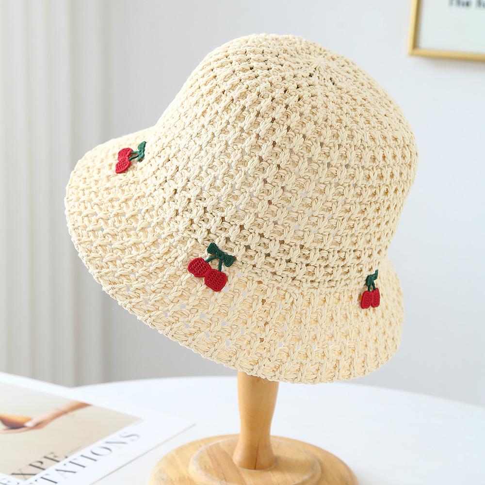 

New Summer Women Visor Bucket Hat Wide Brim Beach Korean Straw Hand Crochet Cherry Hat For Women Girl Outdoor Fishing Sun Hats бежевый
