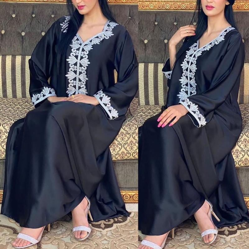 Ramadan Muslim Gold Embroidery Dresses Abayas Dubai Casual Kaftan Robe Ethnic Costumes with Long Sleeve for Womens