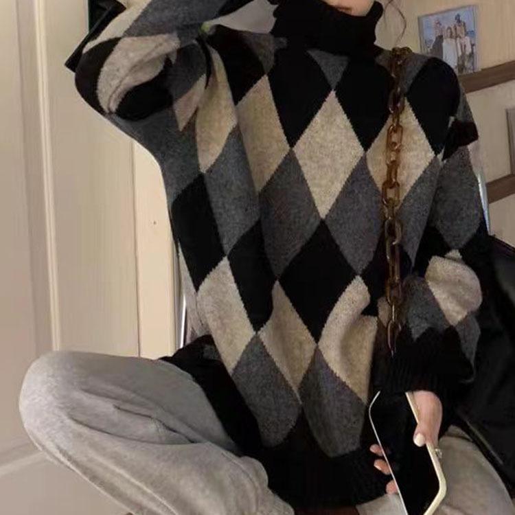 Wersja koreańska sweter z golfem damski z długim rękawem kontrastowy wzór w romby casualowy sweter dzianinowy damska warstwa bazowa