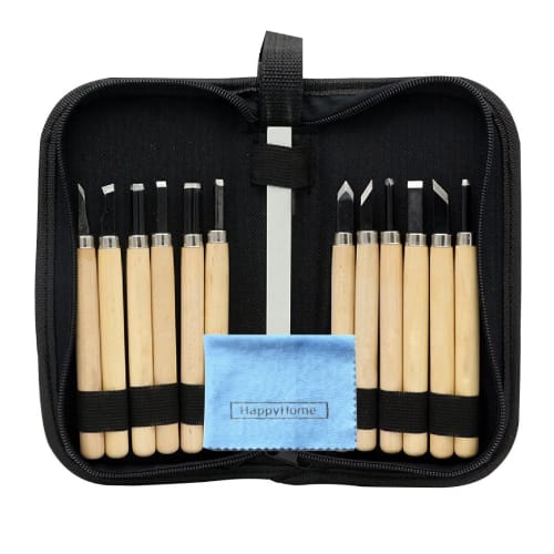 HappyHome 12-Piece Carving Knife Set with Whetstone, Storage Case, and Cleaning Cloth for Wood Carving and Woodworking