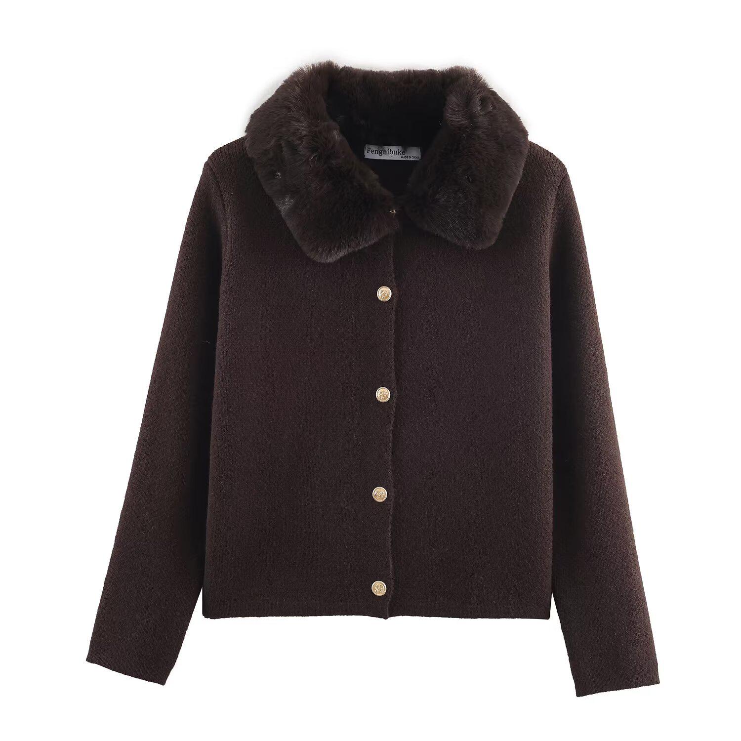

Women s Faux Fur Collar Knit Jacket - European and American Style Large