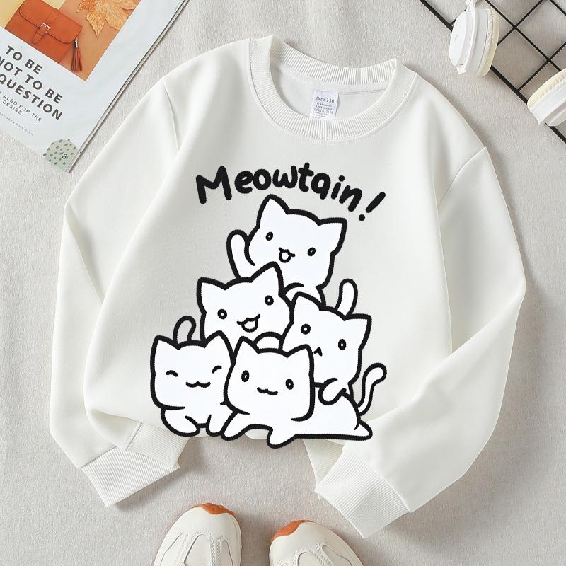 Kids Crewneck Sweatshirt, Cute White Cats Meowtain Print, Soft Casual Pullover for Fall Winter