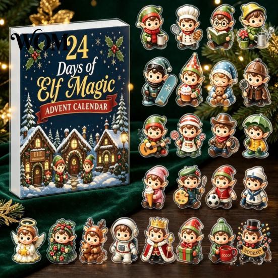 Surprise Daily Countdown Toys Magic Elf Advent Calendar, 24 Day Acrylic 2D Ornament Set with Durable Holiday Patches Cute Mini Figures, Christmas Tree