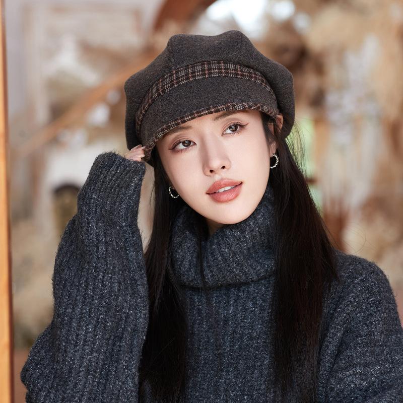 Chapeau Tendance Mode Femme Décontracté Polyvalent Chapeau Octogonal Tempérament Rétro Casquette de Gavroche Béret Laine