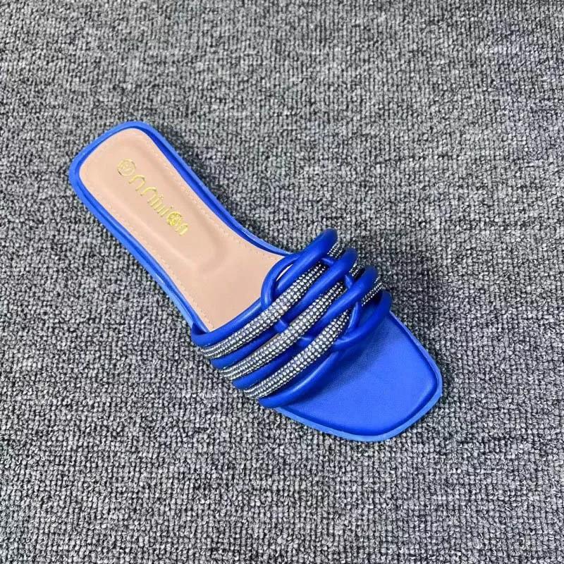 

Новые тапочки в полоску с кристаллами и камнями для женщин, модная роскошная дизайнерская обувь на плоской подошве, сандалии со стразами, Chaussure Femme 37 синий