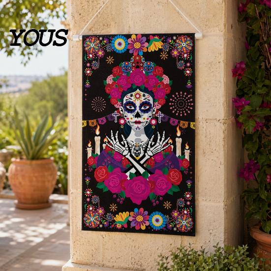 Wall Backdrop Day of The Dead Fabric Art, Mexican Fiesta Theme Colorful Sugar Exotic Themed Skull Hanging Tapestry Decoration for Photo Booth,