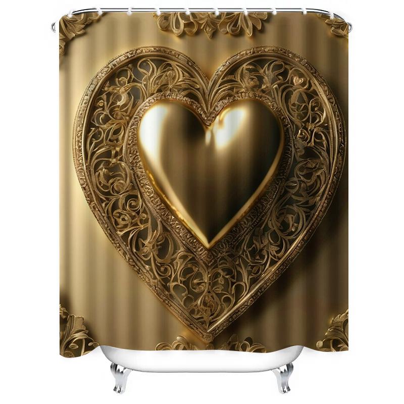Golden Heart Shower Curtain  Luxurious Ornate Design for a Waterproof and Elegant Bathroom Décor Set