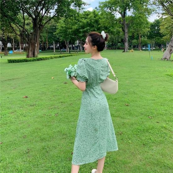 Women Summer Dress Bubble Sleeves High Split Loose Hem Square Neck Flower Print Dating Shirring Tight Waist Women Midi Dress Female Clothes