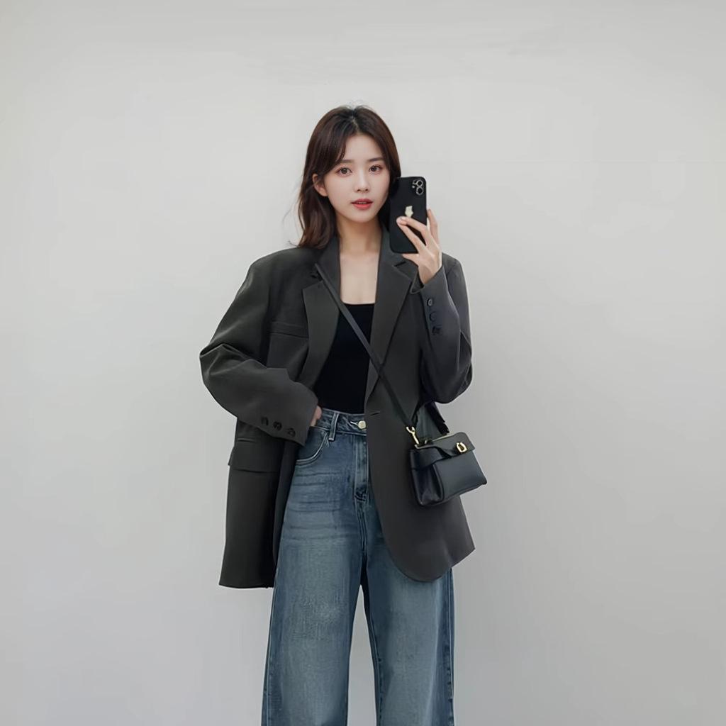 Women's Grey Suit Jacket - 2025 Spring Collection, Casual Petite Socialite Style