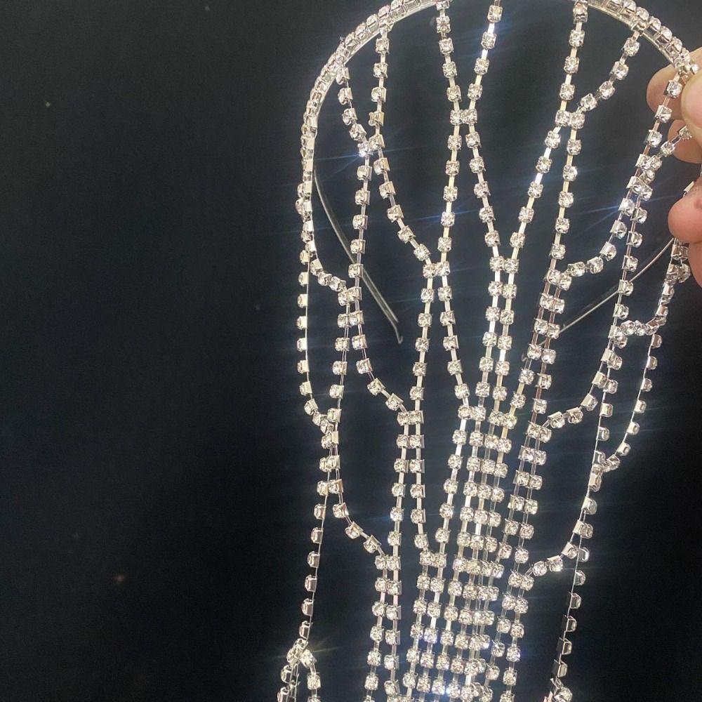 Rhinestone Inlaid Mesh Headband Long Chain Bridal Headpiece Tassel Headdress  Headband Accessories