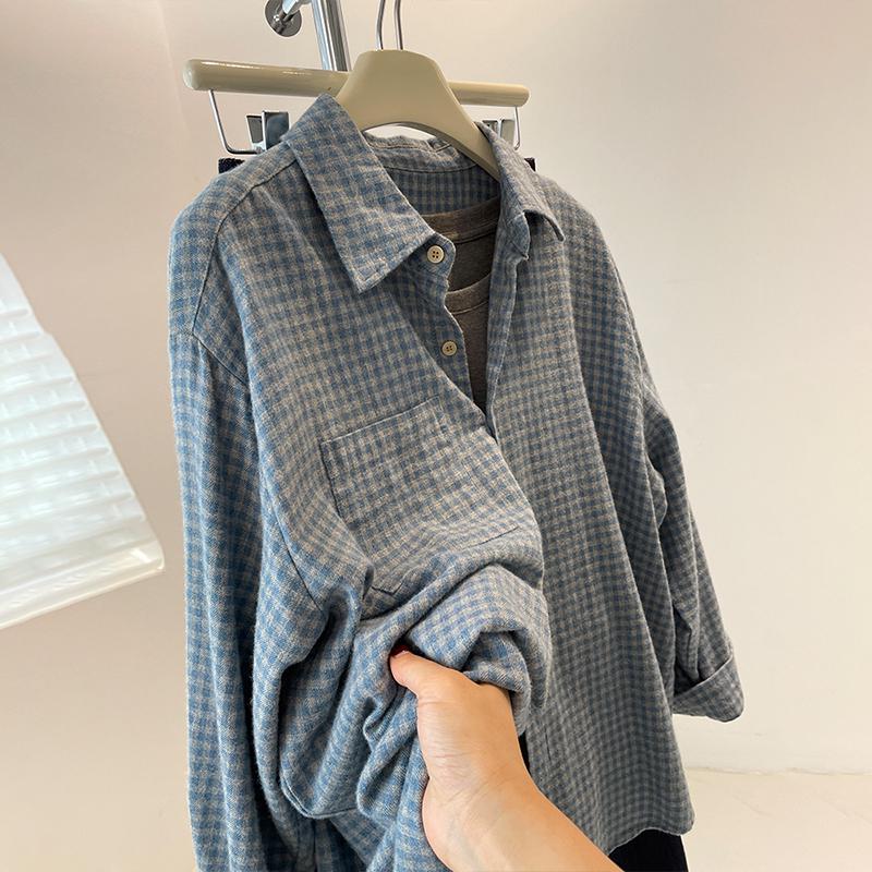 Women's Retro Brushed Blue Plaid Shirt Jacket – Thick, Loose Casual Outerwear for Autumn/Spring