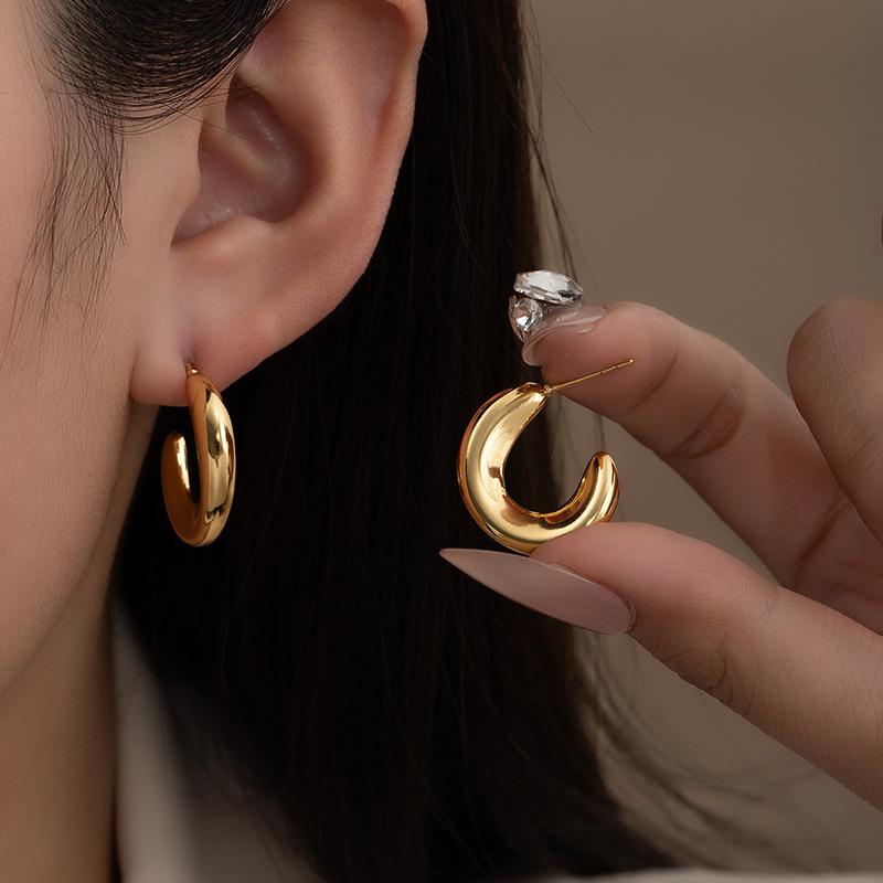 CARLIDANA Hypoallergenic Waterproof Minimalist Jewelry Stainless Steel Gold Plated Trendy U Shape Geometric Huggie Earrings