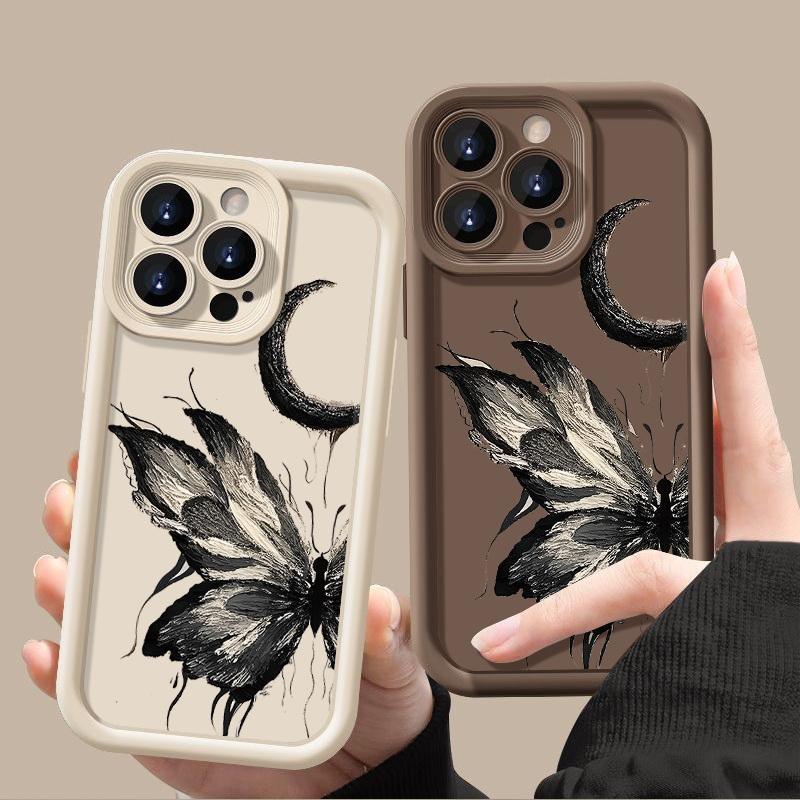 Fashion Moon Butterfly Pattern Case For iPhone 16 Pro Max 15 Plus 14 13 12 Pro 11 TPU Soft Matte Silicone Shockproof Lens Protection Phone Cover