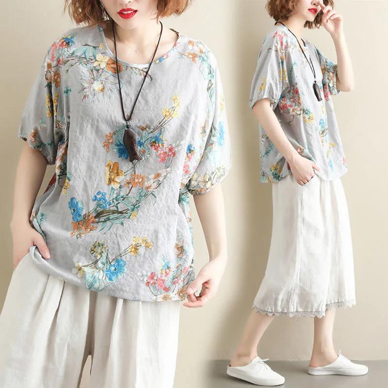 Vintage Printed O-Neck Half Sleeve Shirt Oversized Loose Commute Women's Clothing Summer Fashion Casual Blouse