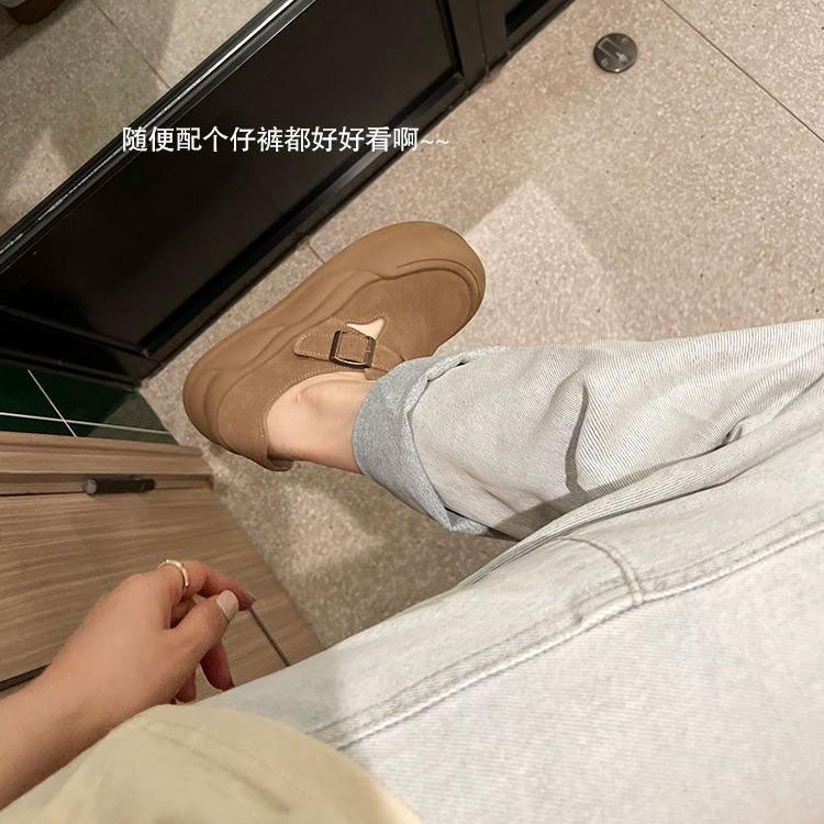 Fashion Thick Soled Boken Shoes for Women 2024 New British Style Retro Big Head Frosted Casual Versatile  Women's Shoes