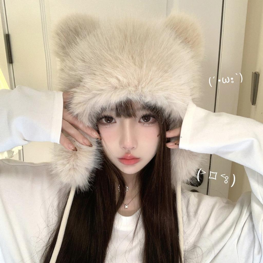 Cute Bear Ears Plush Hat Women'S Winter Warm Versatile Pullover Hat Fleece Windproof Ear Protection Lei Feng Hat