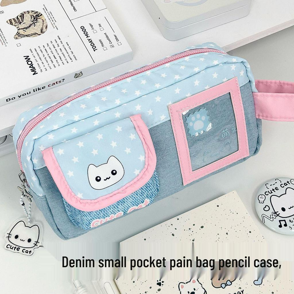 Large Capacity Powder Blue Denim Cat Pencil Case for Middle School, Cute Cartoon Stationery Box with High Appearance Value