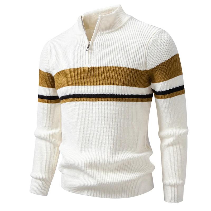 Triped Sweater Men Fashion Patchwork Knitted Pullovers Mens Stand Collar Half Zipper Knit Sweater Warm Pullover Tops