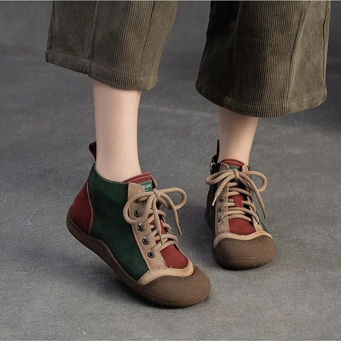 Johnature Mixed Color Genuine Leather Lightweight Comfortable Ankle Boots Retro Versatile Warm Women's Shoes